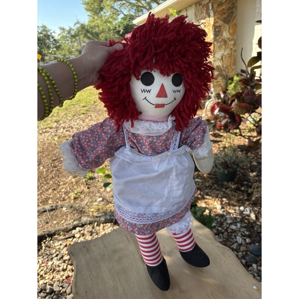 Vintage Raggedy Ann Cloth Doll Red Yarn Hair Floral Dress Striped Legs